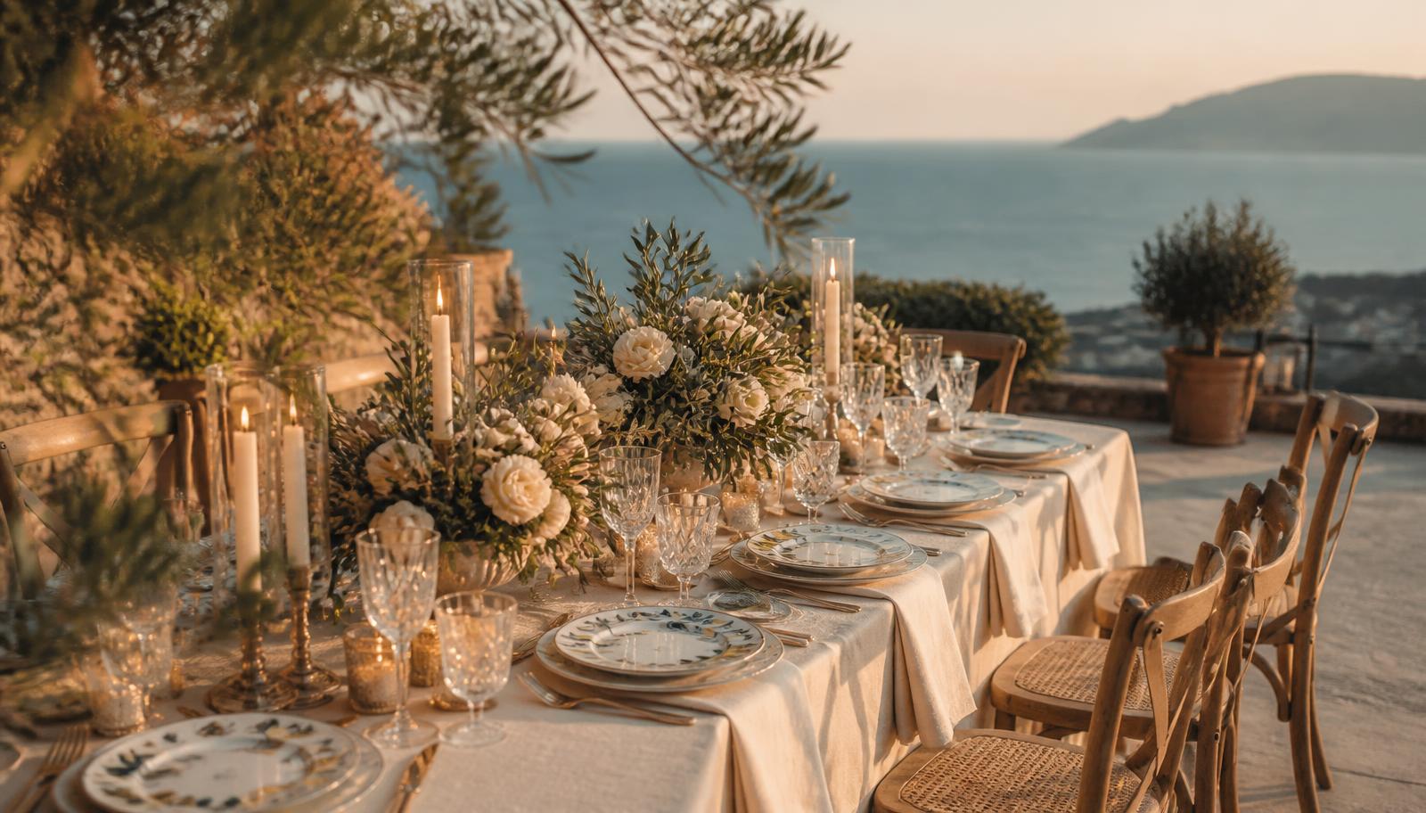 Long wedding dinner table set with linen, candles and ceramic plates on a Sicilian terrace above the sea at golden hour