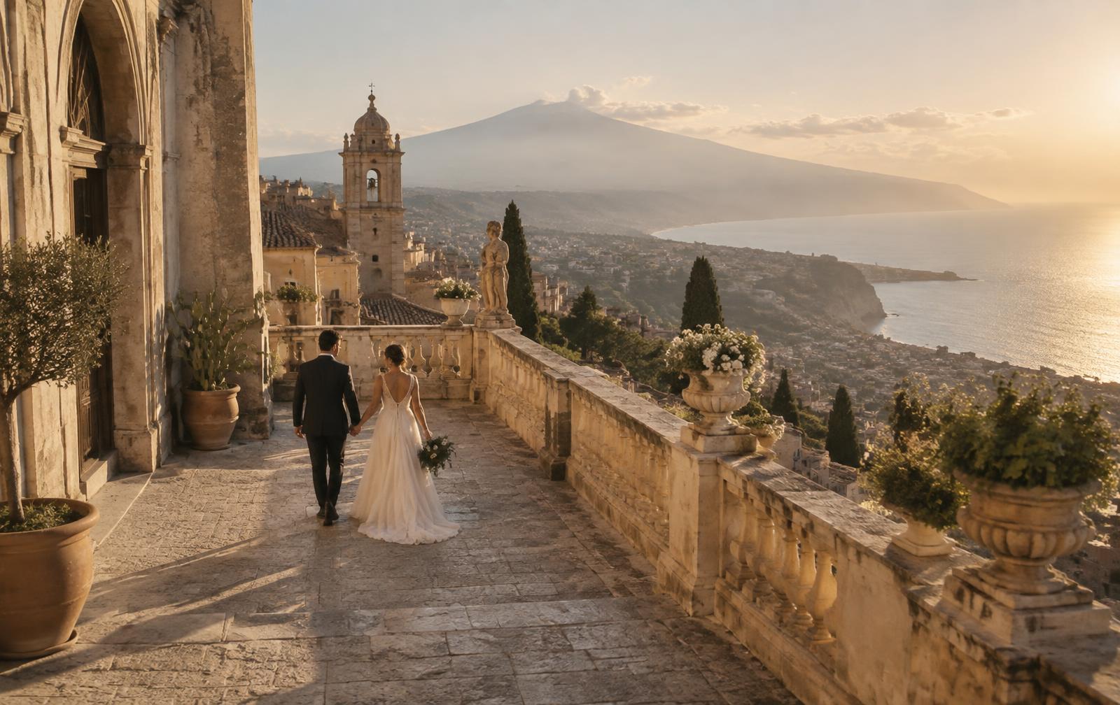 Bride and groom walking along a baroque stone terrace above the Sicilian coast at golden hour, Etna in the distance