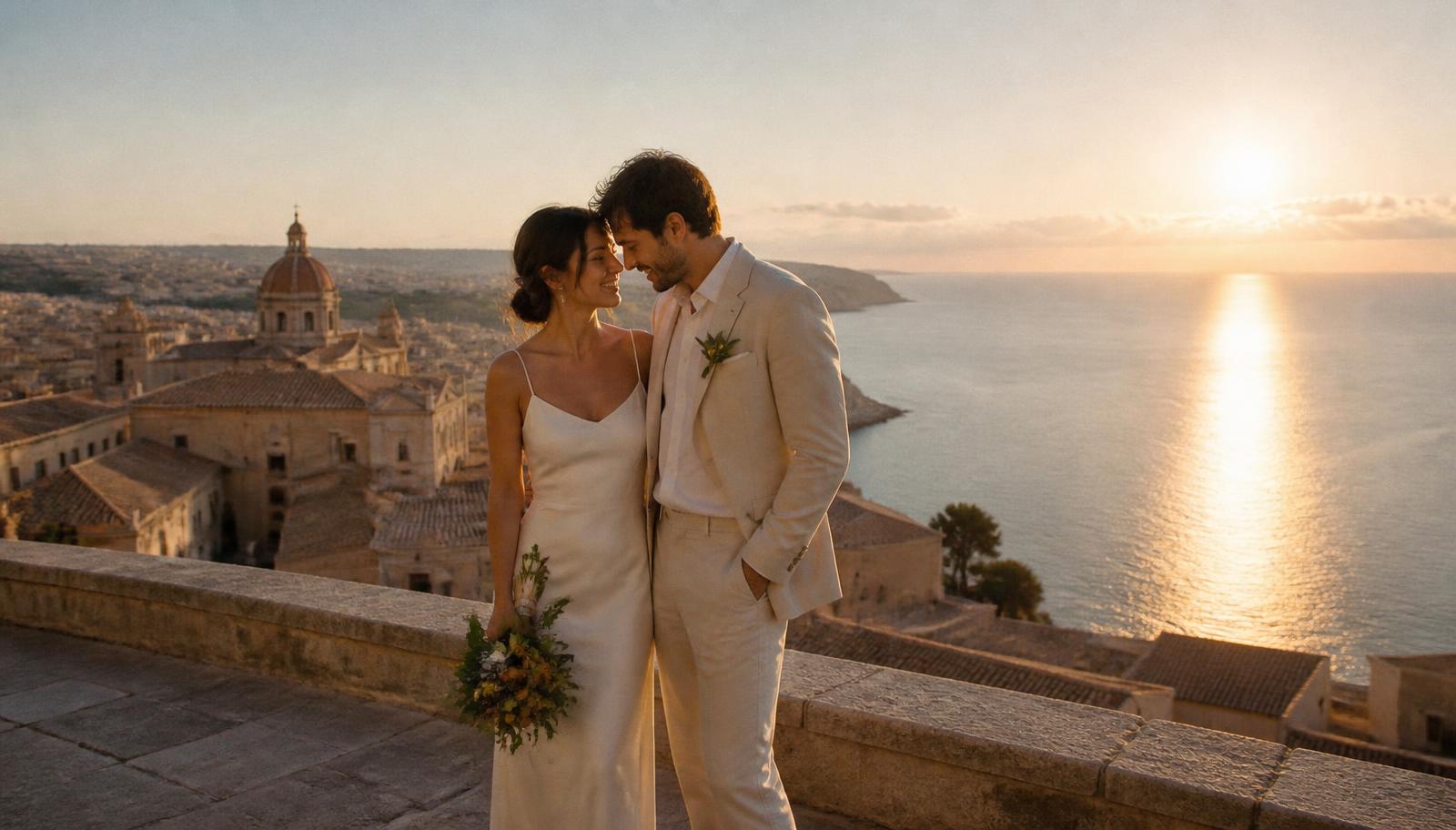 Couple eloping alone on a stone terrace above the Sicilian sea at sunrise, baroque rooftops behind them