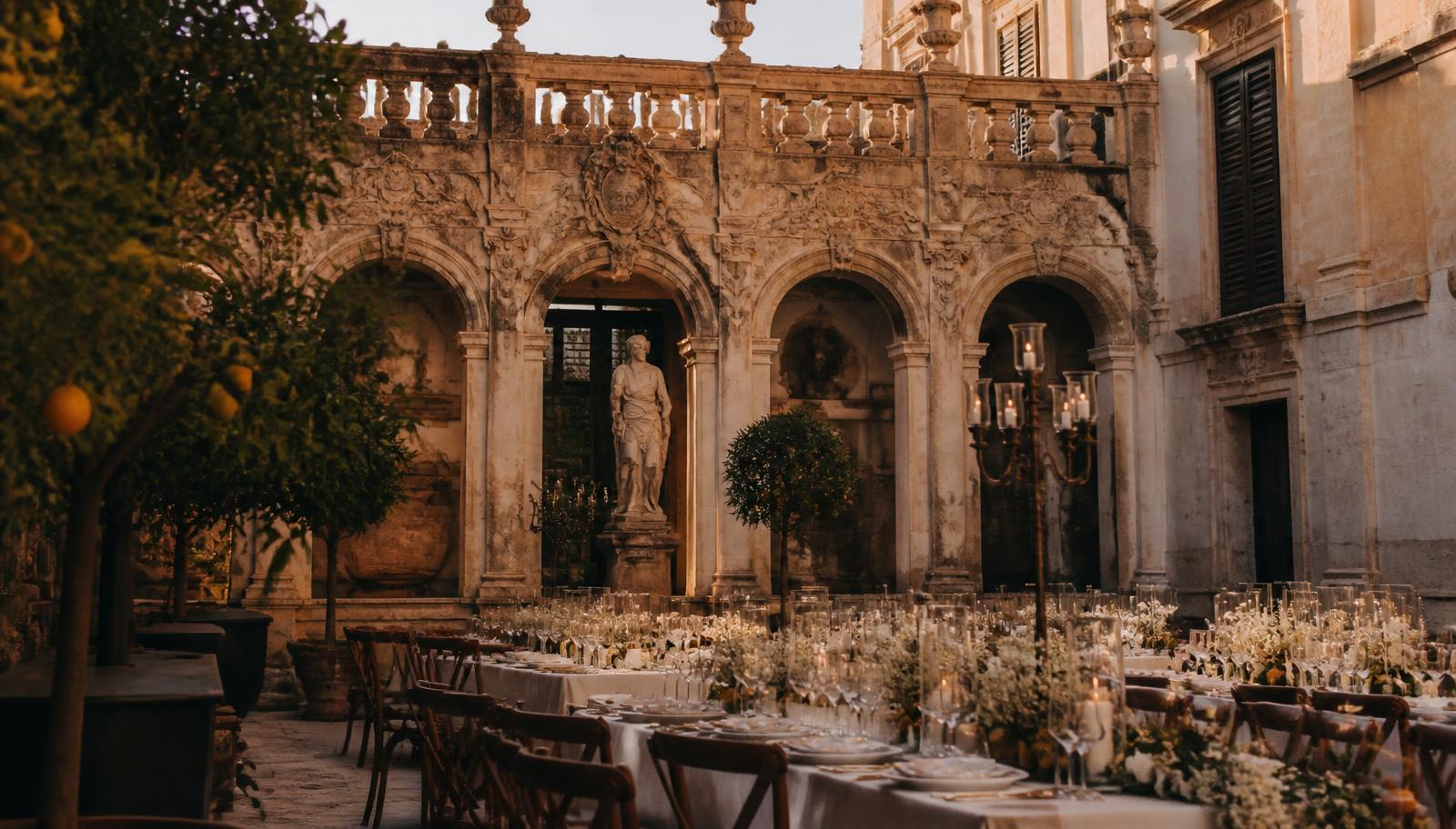Baroque Palermo palazzo courtyard at golden hour with a long candlelit wedding banquet table and citrus trees