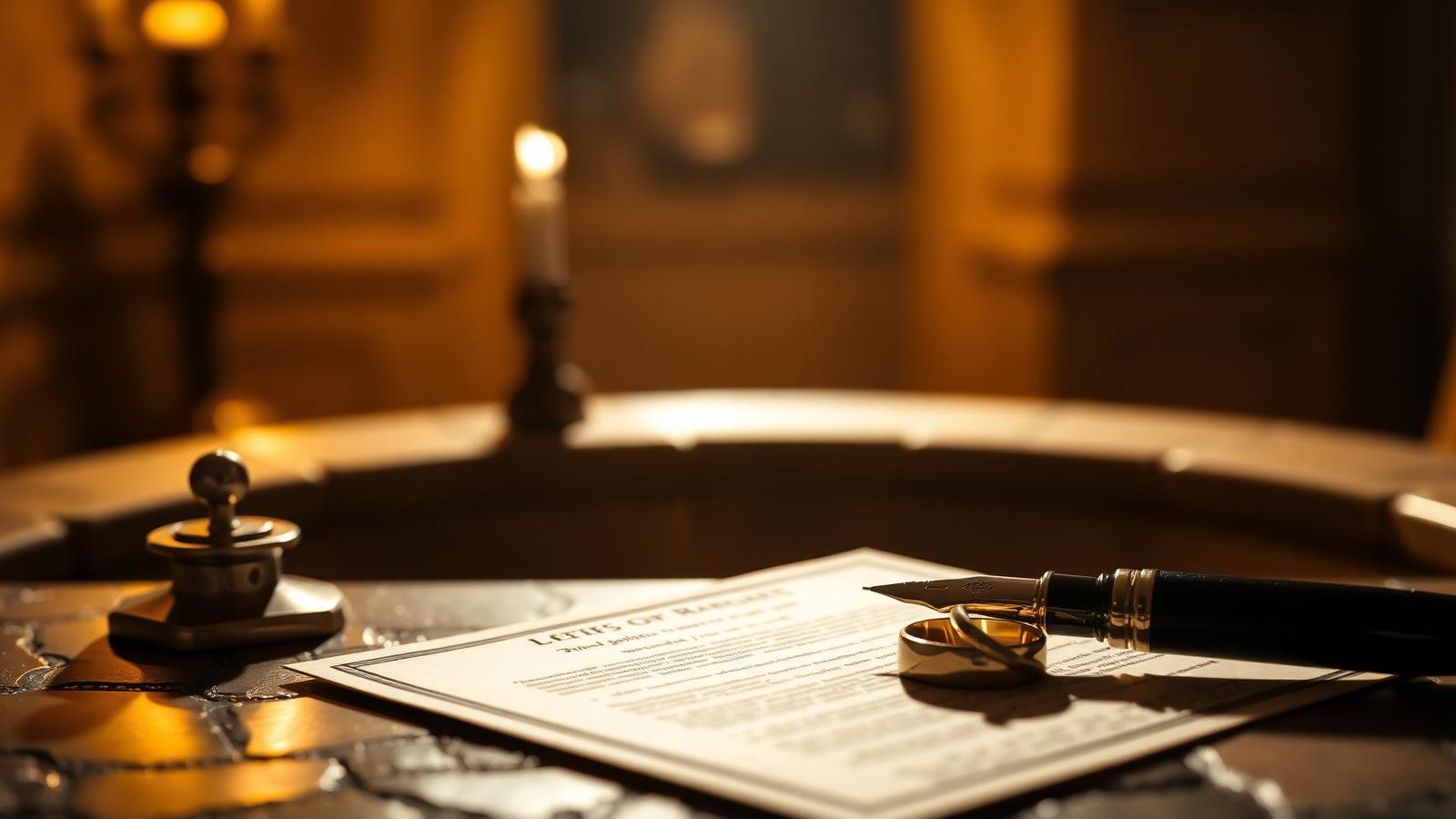 Italian marriage documents, wedding rings and a fountain pen in warm lamplight