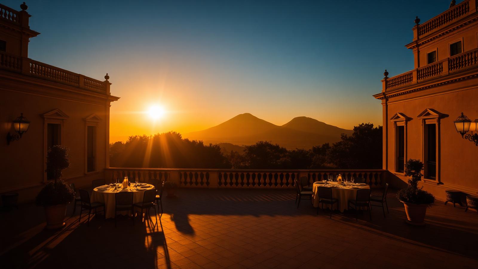 Sicilian baroque terrace at golden hour with Mount Etna in the distance
