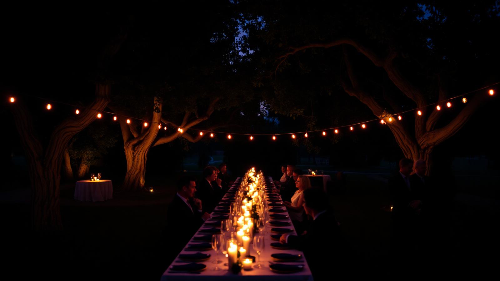 Long candlelit wedding dinner table under olive trees in Sicily at dusk