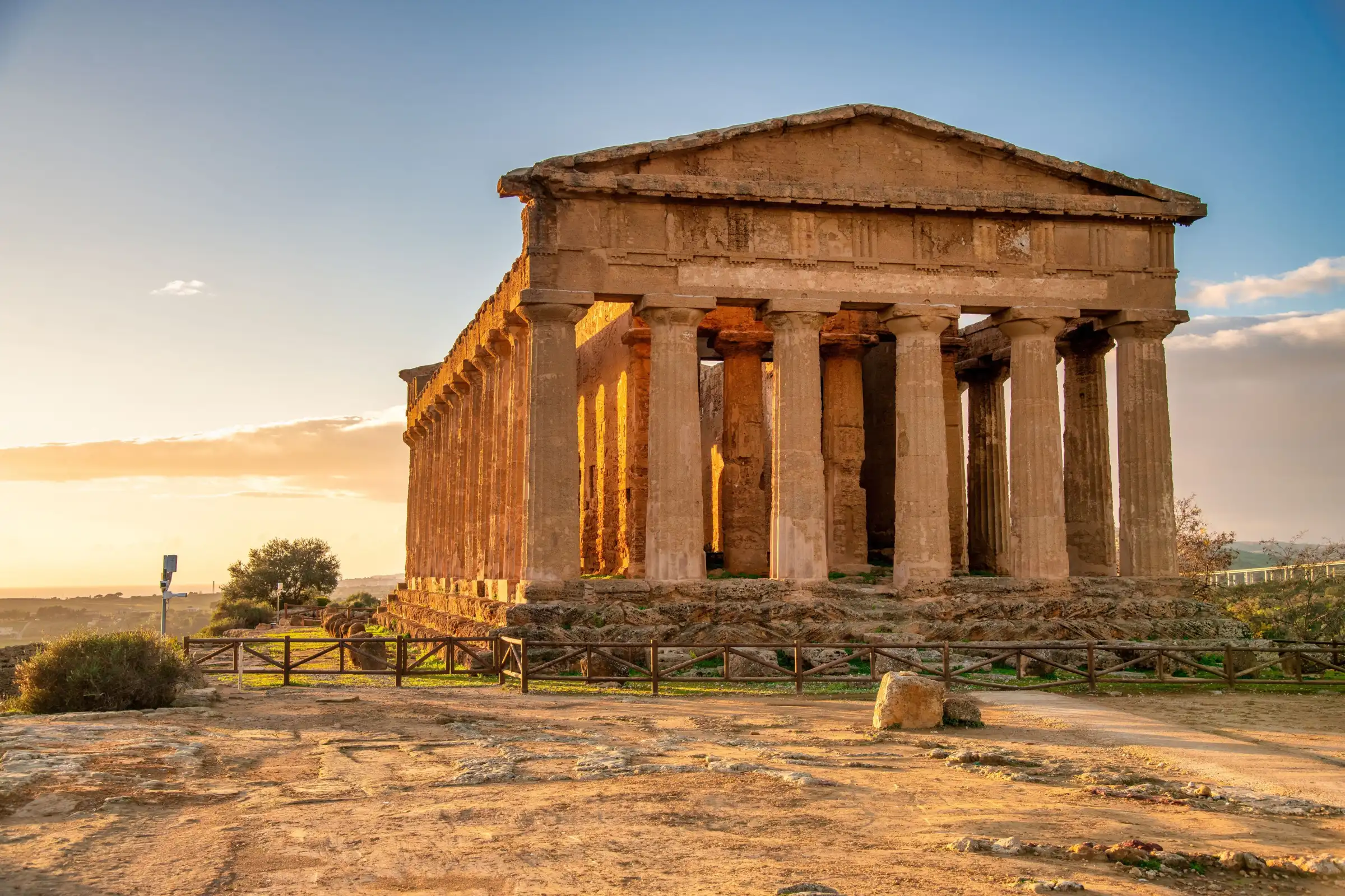 Breathtaking panoramic view of the ancient archaeological landscape and historic temples in Agrigento, Sicily.