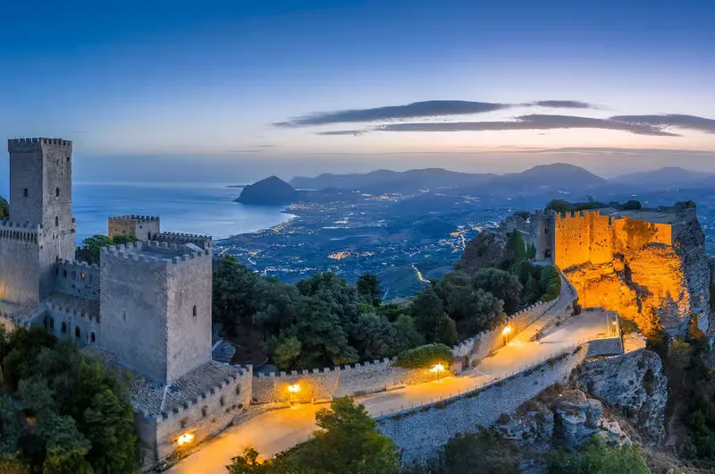 Breathtaking panoramic view overlooking the historic medieval hilltop town and coastline in Erice, Sicily.