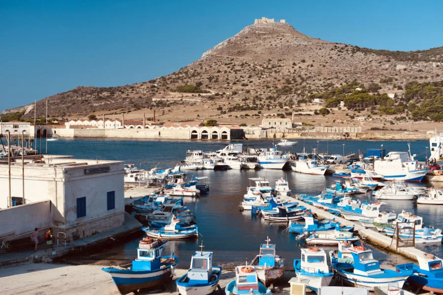 Panoramic view of the rugged Mediterranean coastline and pristine blue sea in Favignana.