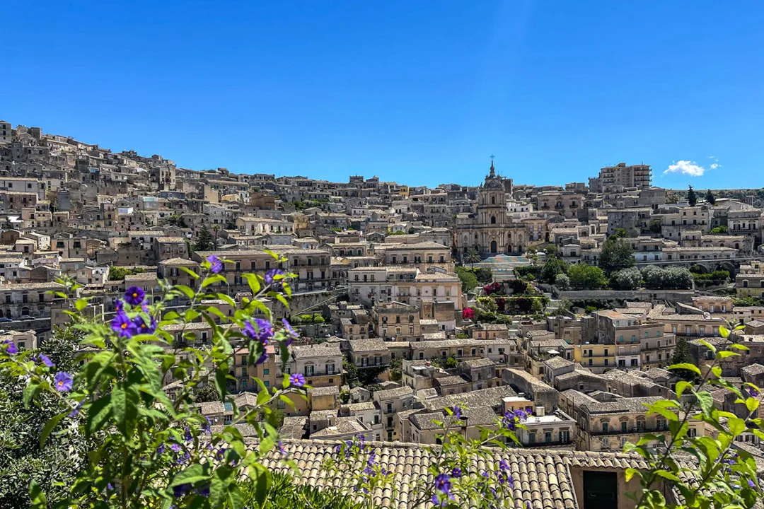 Picturesque view of the traditional stone stairways and narrow streets of Modica Alta.