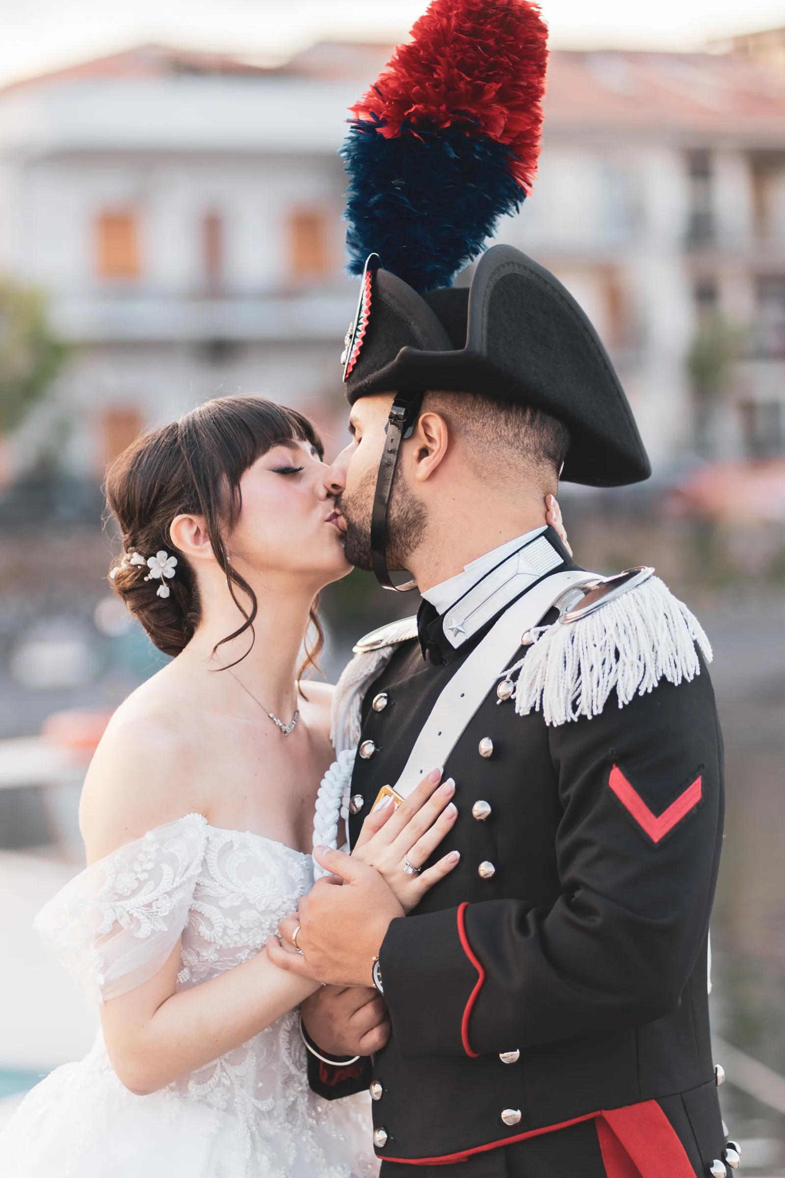 destination bride getting ready with elegant wedding dress carabiniere in Sicily