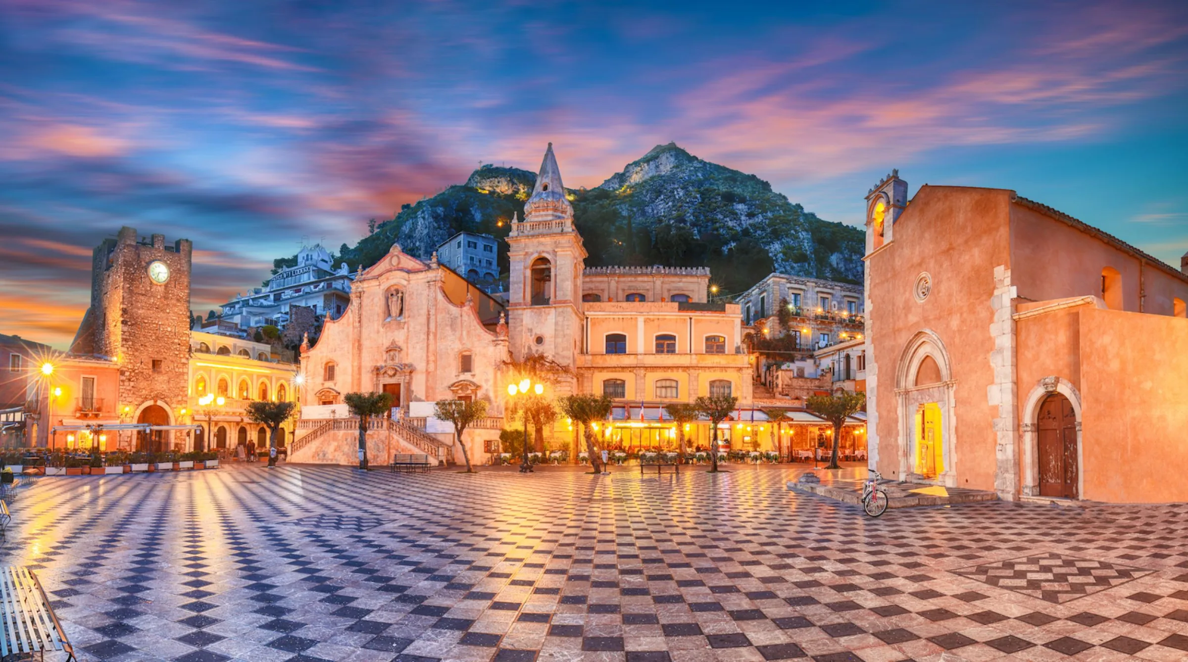 Piazza IX Aprile and historic center of Taormina overlooking the Ionian Sea